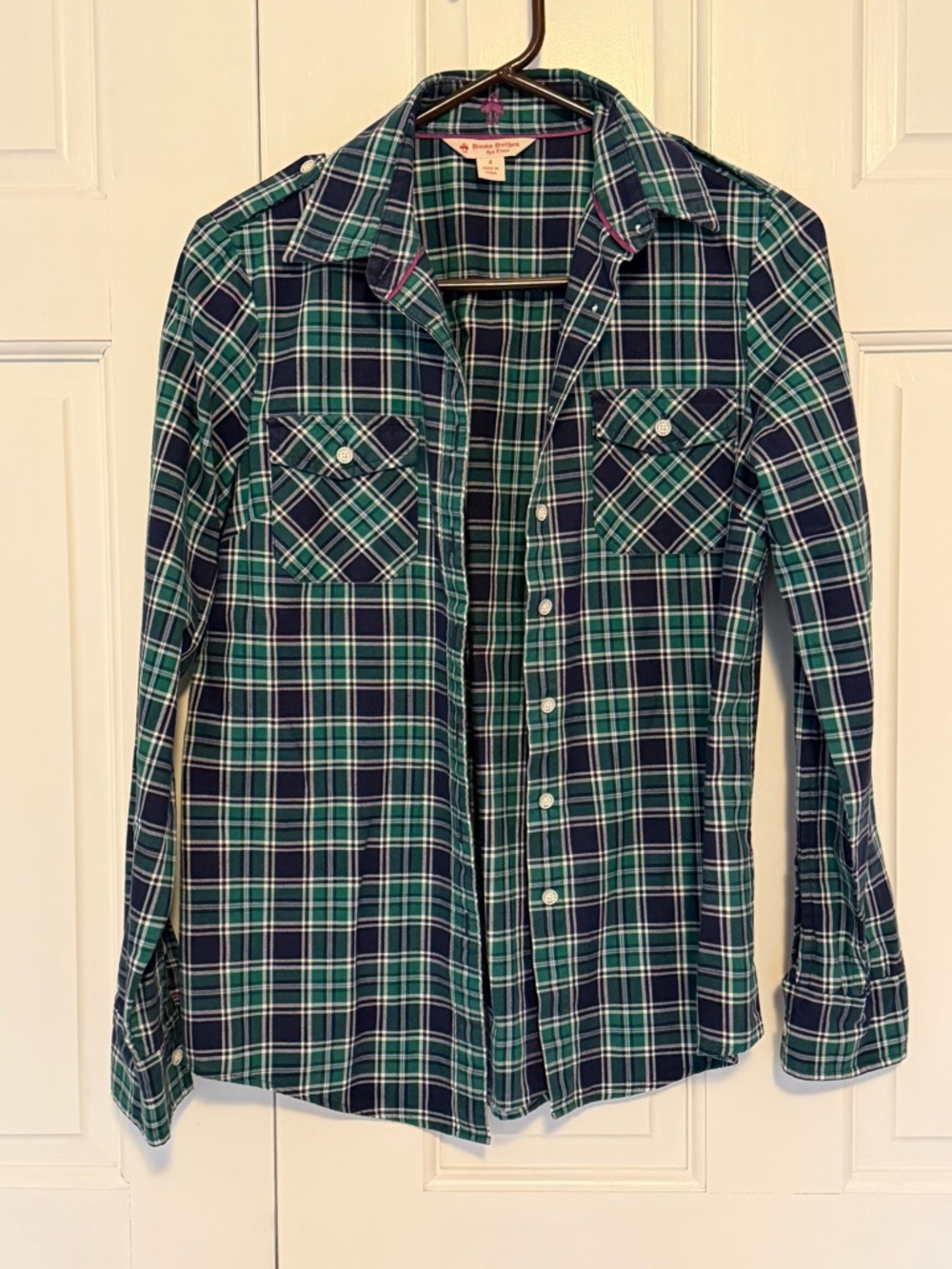 Brooks Brothers Red Fleece Cotton Shirt Womens 4 Plaid Green Blue Button Down
